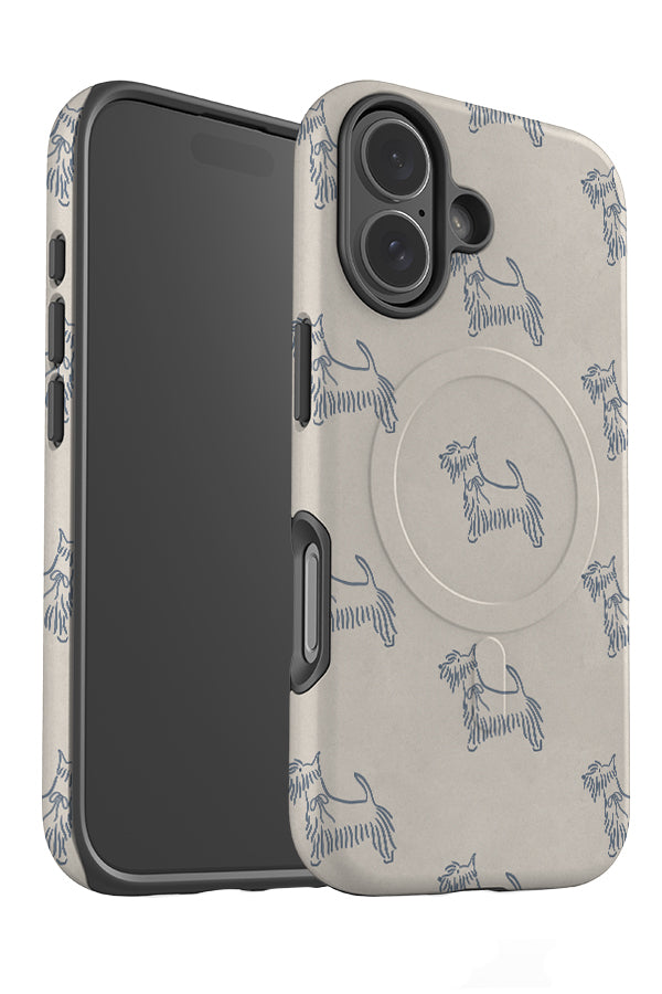 still marker scottie dog MagSafe phone case angle with a beige base colour and blue line art scottish terrier dog illustrations