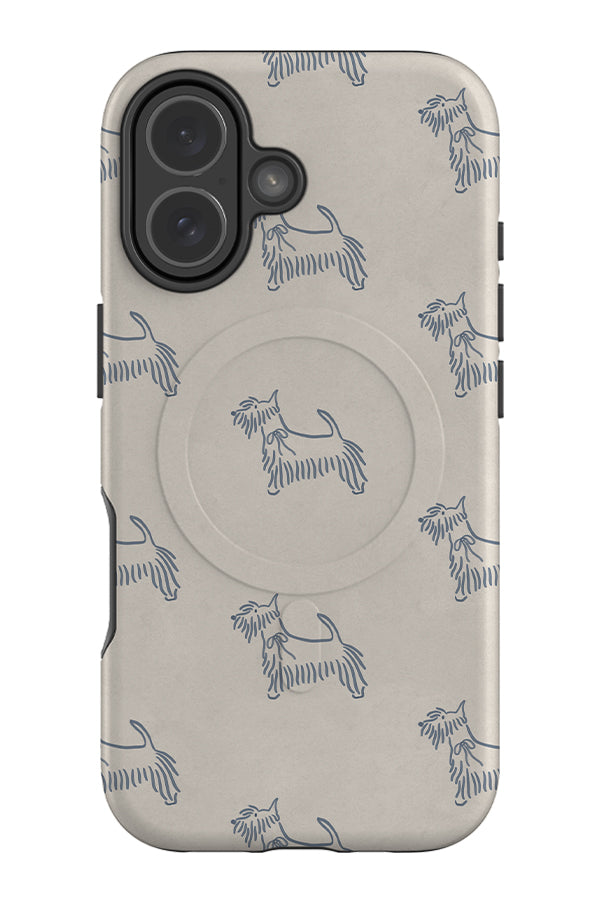 still marker scottie dog MagSafe phone case with a beige base colour and blue line art scottish terrier dog illustrations