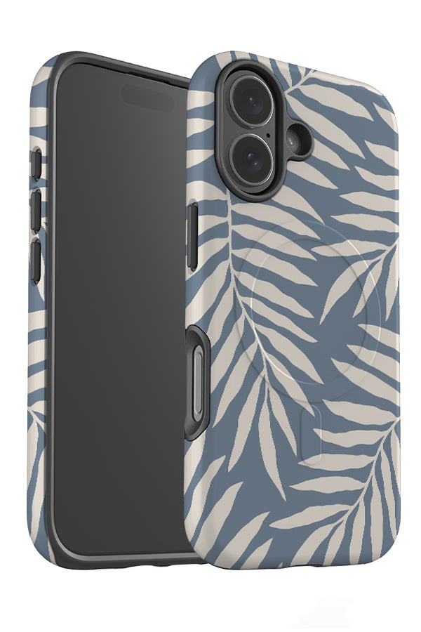 still palm leaf MagSafe phone case angle detail with a blue background and white hand drawn leaves