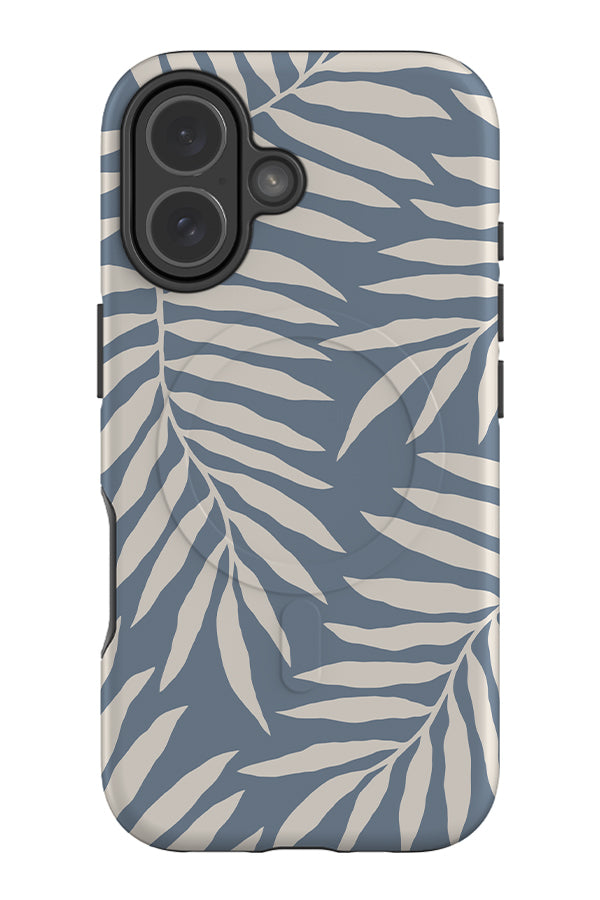 still palm leaf MagSafe phone case with a blue background and white hand drawn leaves