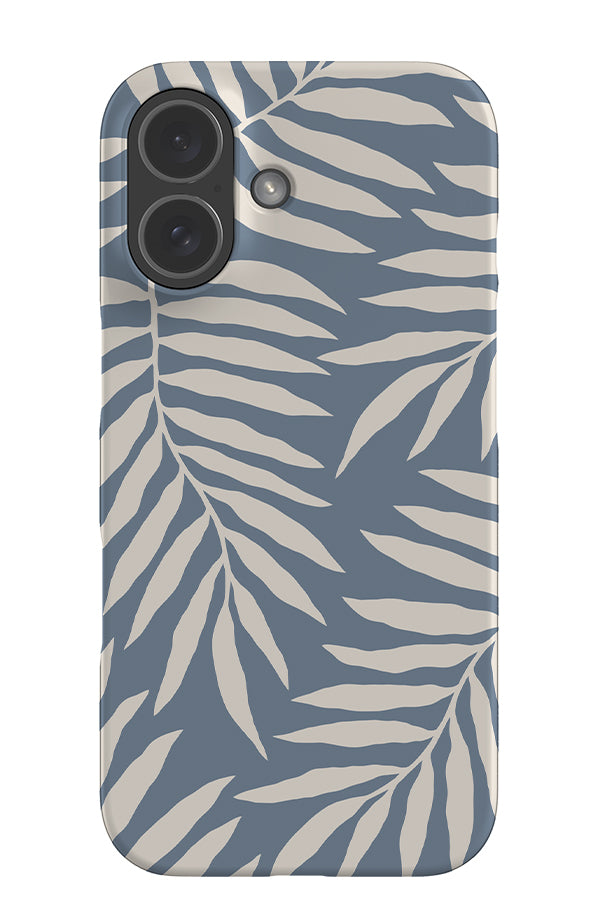 still palm leaf snap phone case with a blue background and white hand drawn leaves