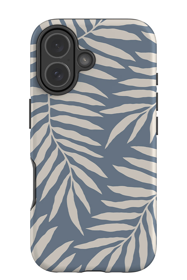 still palm leaf tough phone case with a blue background and white hand drawn leaves