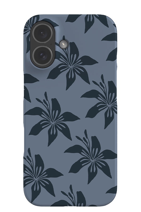 Still petal lily snap phone case with dark blue lily illustrations on a blue background
