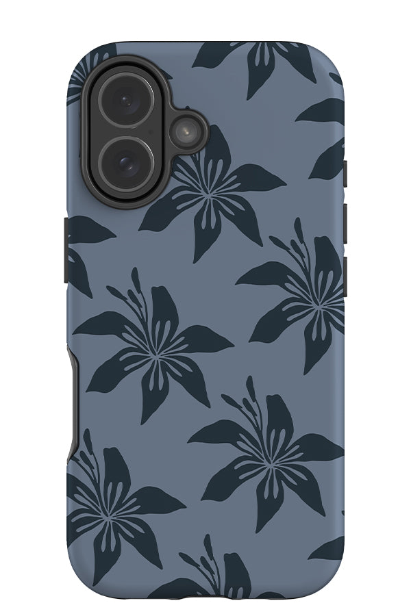 Still petal lily tough phone case with dark blue lily illustrations on a blue background