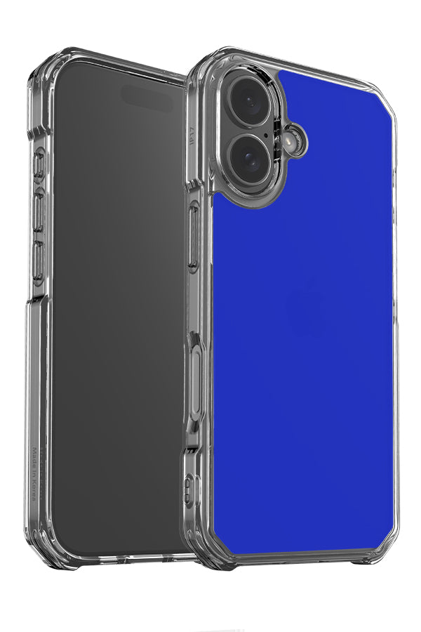 Still tone clear impact phone case angle detail with a solid blue base