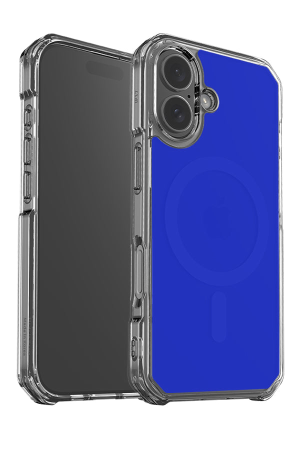Still tone clear impact MagSafe phone case angle detail with a solid blue base