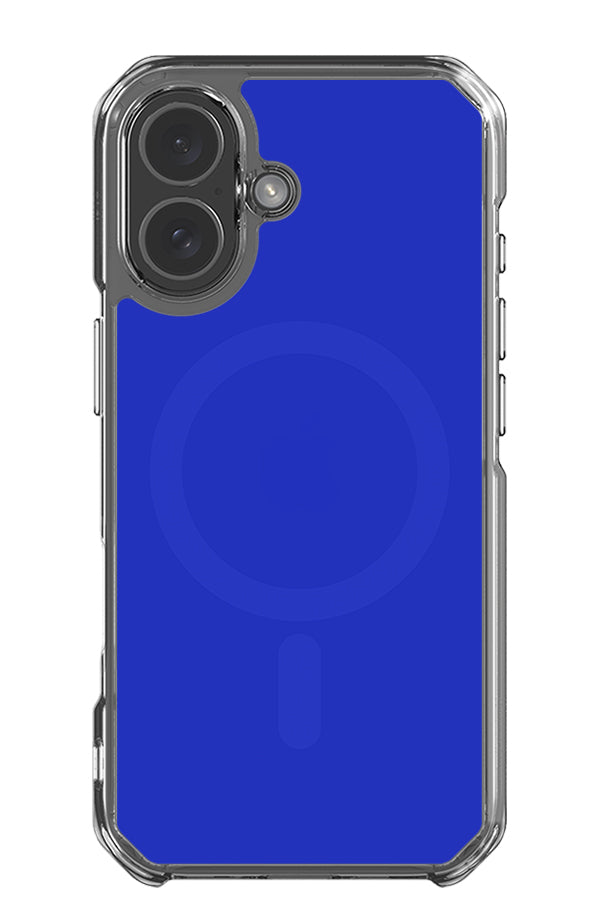 Still tone clear impact MagSafe phone case with a solid blue base