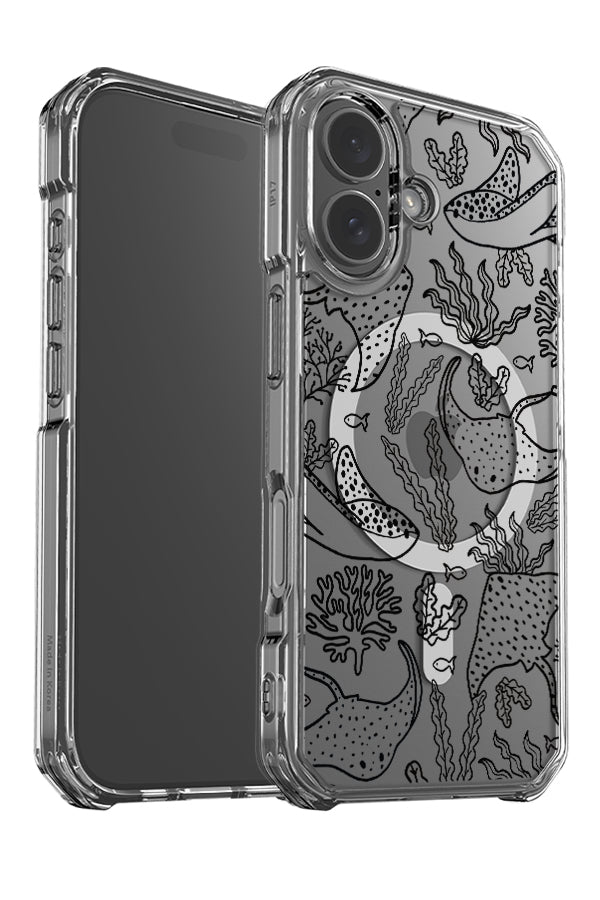 Stingray plants line art clear impact MagSafe phone case angle detail with minimalist stingray illustrations with coral plants in black