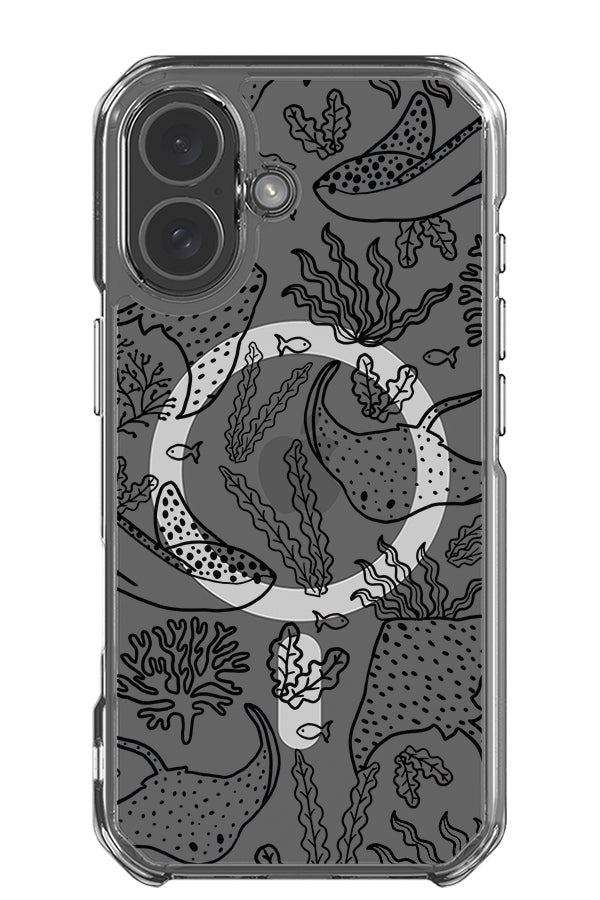 Stingray plants line art clear impact MagSafe phone case with minimalist stingray illustrations with coral plants in black