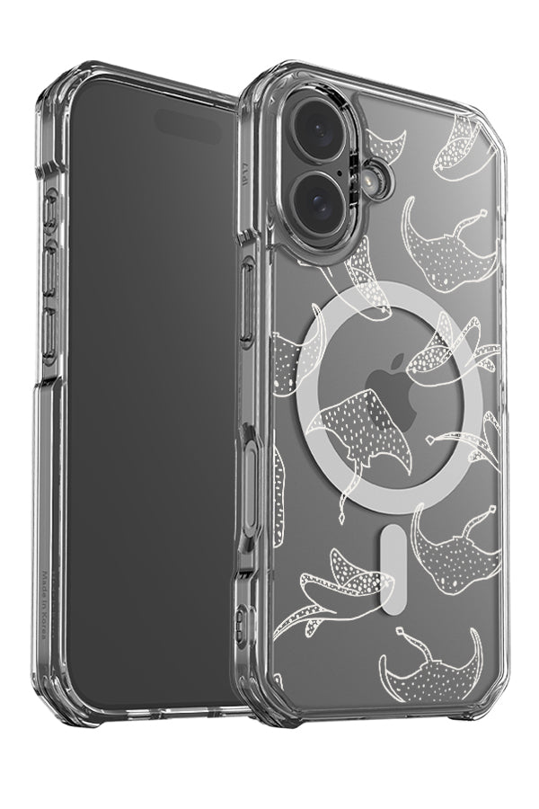 Stingray line art clear impact MagSafe phone case angle detail with minimalist stingray illustrations in white 