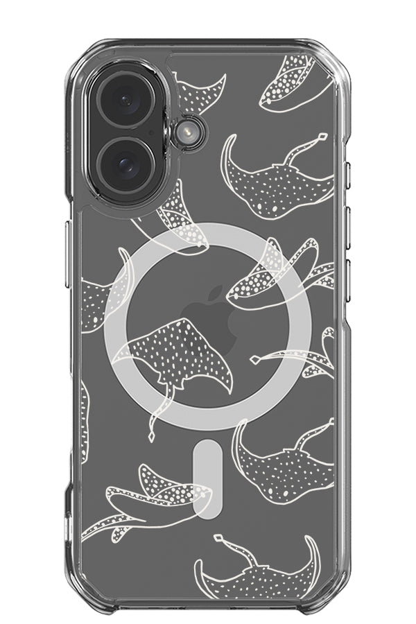 Stingray line art clear impact MagSafe phone case with minimalist stingray illustrations in white 
