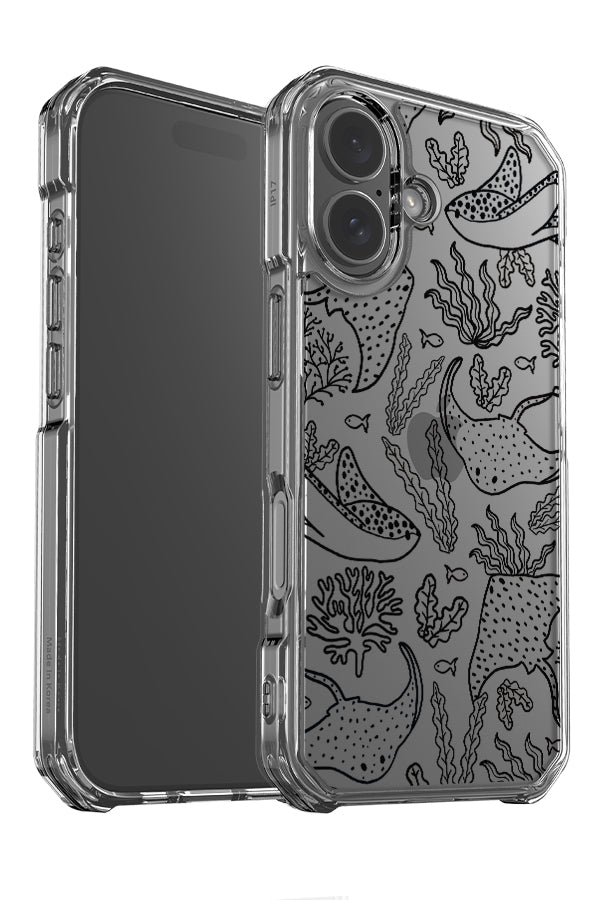 Stingray plants line art clear impact phone case angle detail with minimalist stingray illustrations with coral plants in black