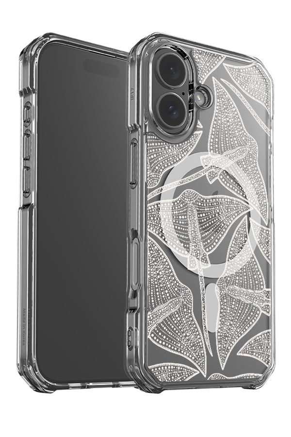Stingray scatter clear impact MagSafe phone case angle detail with detailed line art stingray illustrations in beige