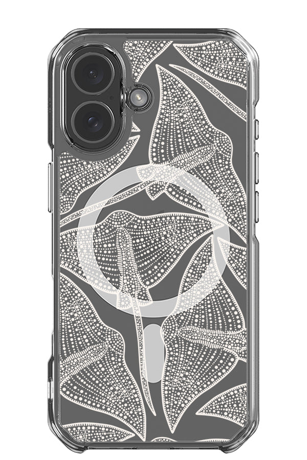Stingray scatter clear impact MagSafe phone case with detailed line art stingray illustrations in beige