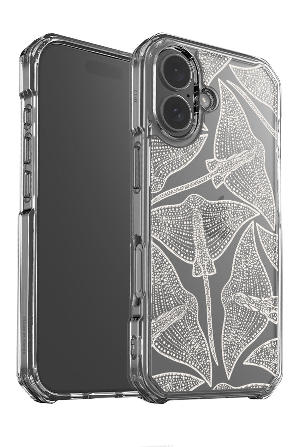 Stingray scatter clear impact phone case angle detail with detailed line art stingray illustrations in beige