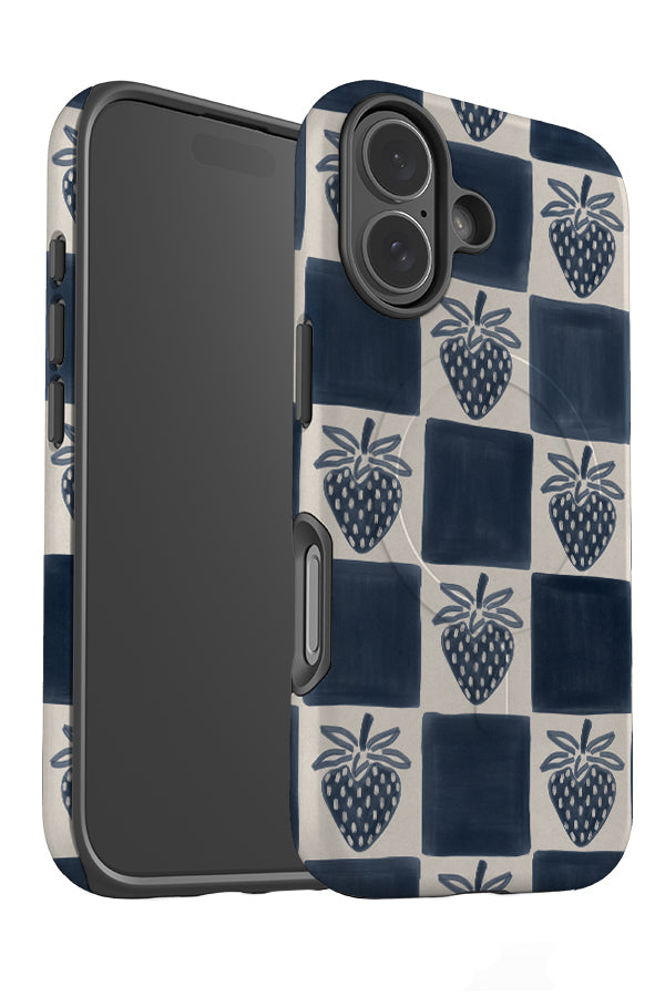 strawberry marker check MagSafe phone case angle detail with blue and beige checks and strawberry illustrations