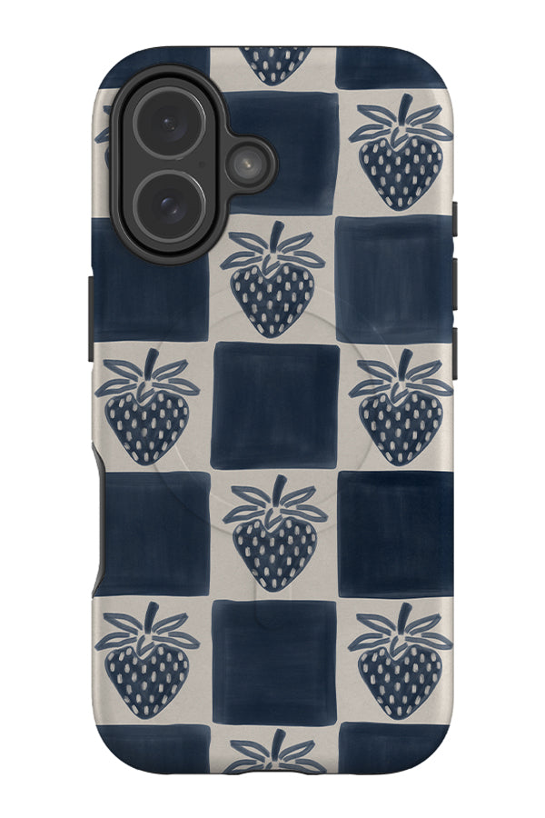 strawberry marker check MagSafe phone case with blue and beige checks and strawberry illustrations