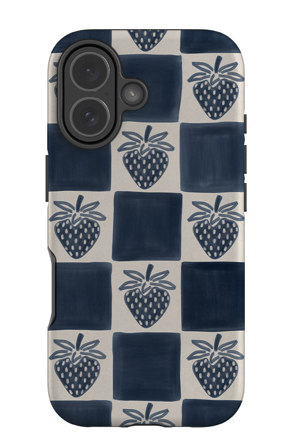 strawberry marker check tough phone case with blue and beige checks and strawberry illustrations