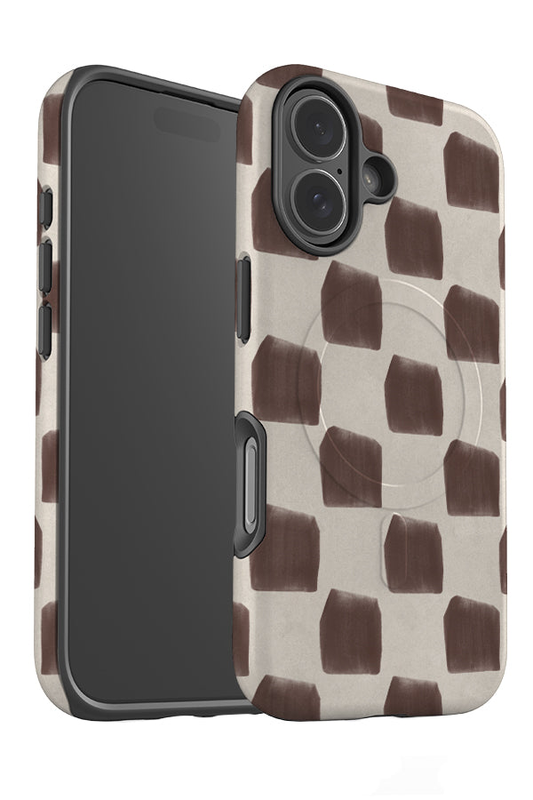 studio check MagSafe phone case angle detail with a brush stroke check pattern in beige and brown