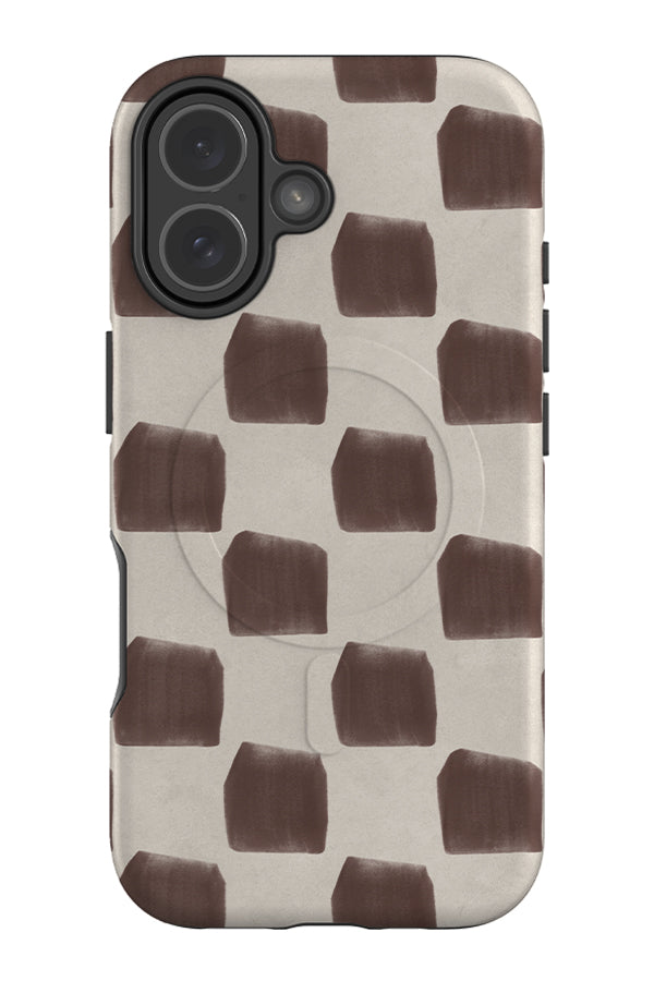 studio check MagSafe phone case with a brush stroke check pattern in beige and brown