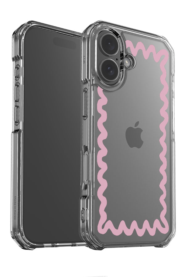 swirl border clear impact phone case angle detail with a wavy pattern in pink