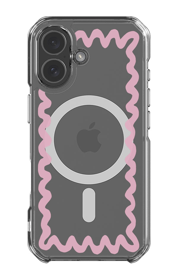 swirl border clear impact MagSafe phone case with a wavy pattern in pink