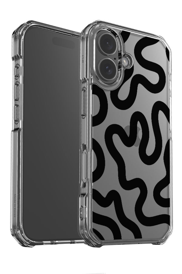 Swirl lines abstract clear impact phone case angle detail with a swirling pattern in black