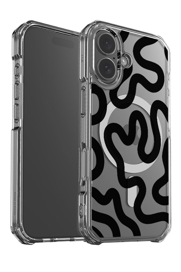 Swirl lines abstract clear impact MagSafe phone case angle detail with a swirling pattern in black