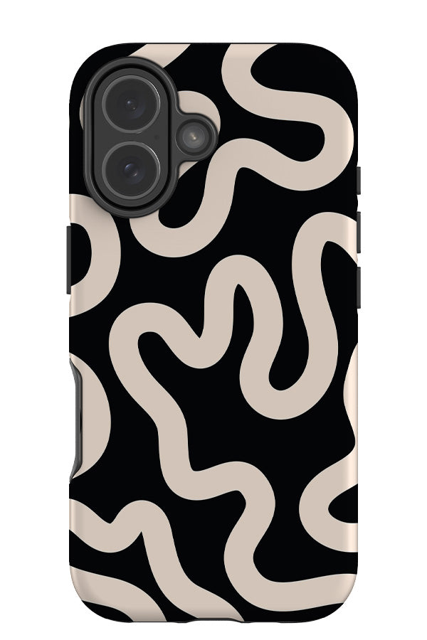 swirl lines abstract tough phone case with a black base colour with beige swirling lines