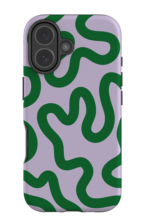 swirl lines abstract tough phone case with a lilac purple base colour with green swirling lines