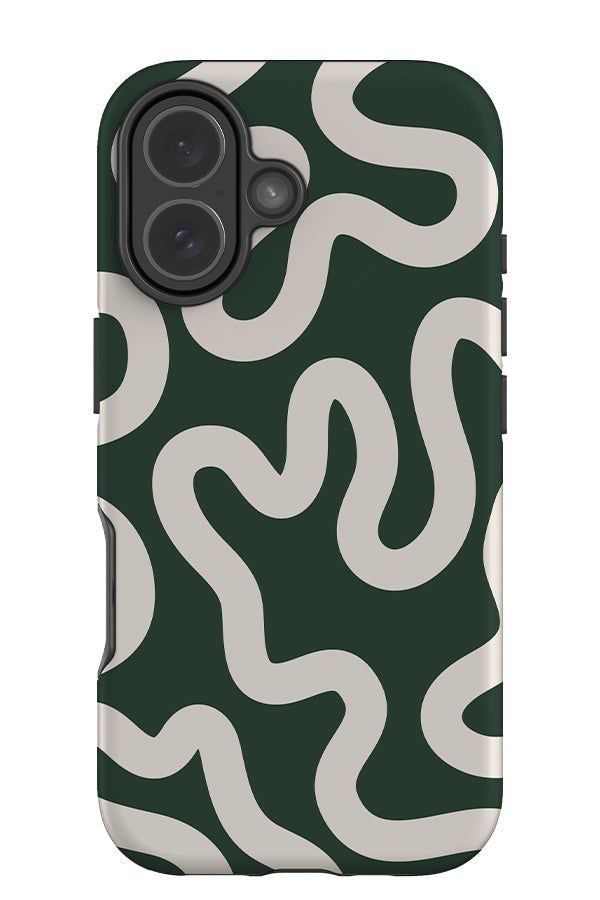 swirl lines abstract tough phone case with a dark green base colour and beige swirling lines