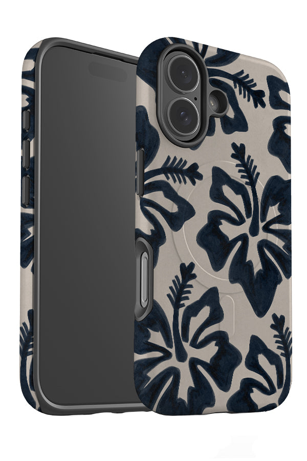 textured hibiscus MagSafe phone case angle detail with blue hibiscus flower drawings with a hand drawn pen texture 