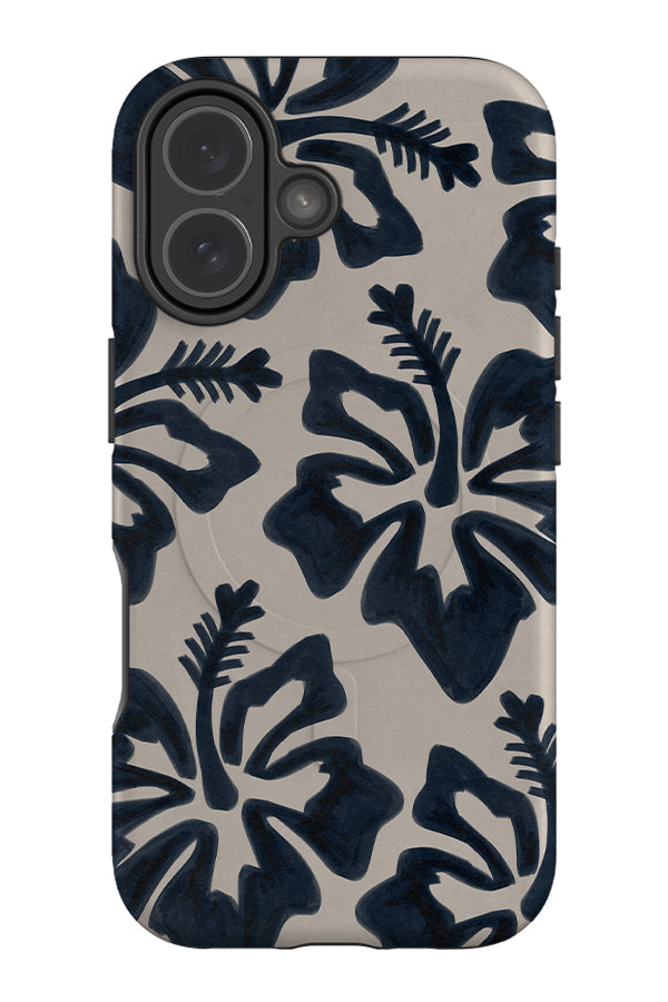 textured hibiscus MagSafe phone case with blue hibiscus flower drawings with a hand drawn pen texture 