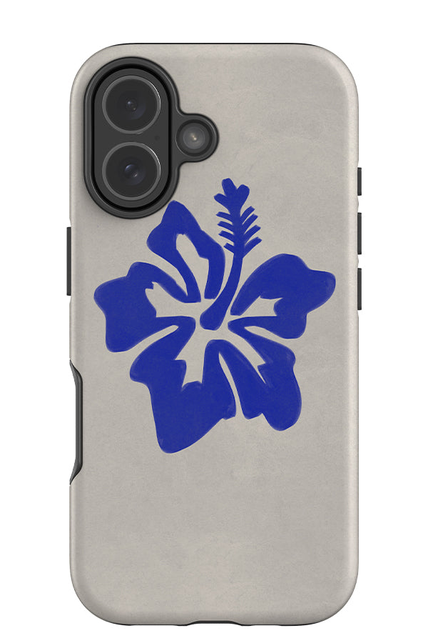 Textured hibiscus placement tough phone case with a beige background and blue textured hibiscus illustration