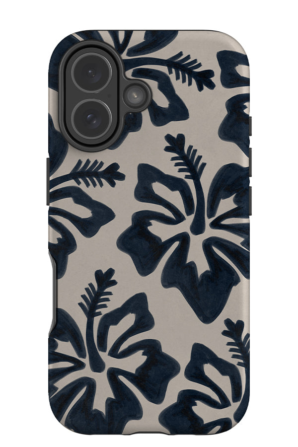 textured hibiscus tough phone case with blue hibiscus flower drawings with a hand drawn pen texture in blue