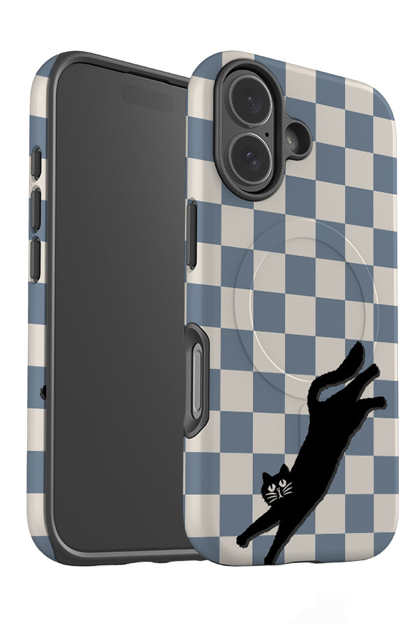 The resting cat check MagSafe phone case angled with a blue and white checkered pattern and black cat illustration