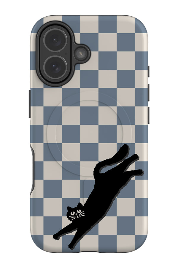 The resting cat check MagSafe phone case with a blue and white checkered pattern and black cat illustration