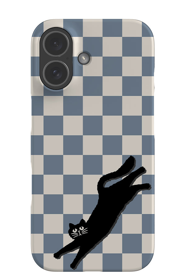The resting cat check snap phone case with a blue and white checkered pattern and black cat illustration