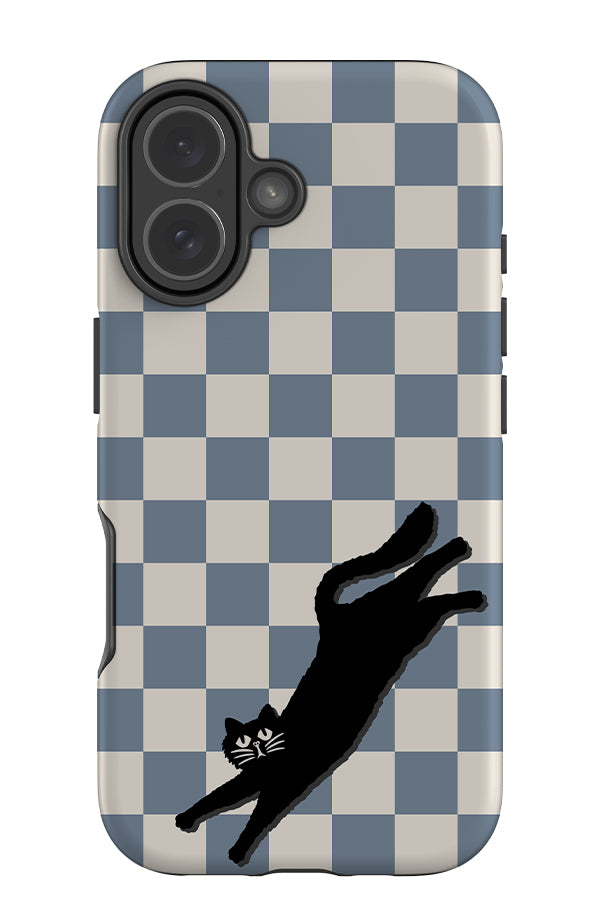 The resting cat check tough phone case with a blue and white checkered pattern and black cat illustration
