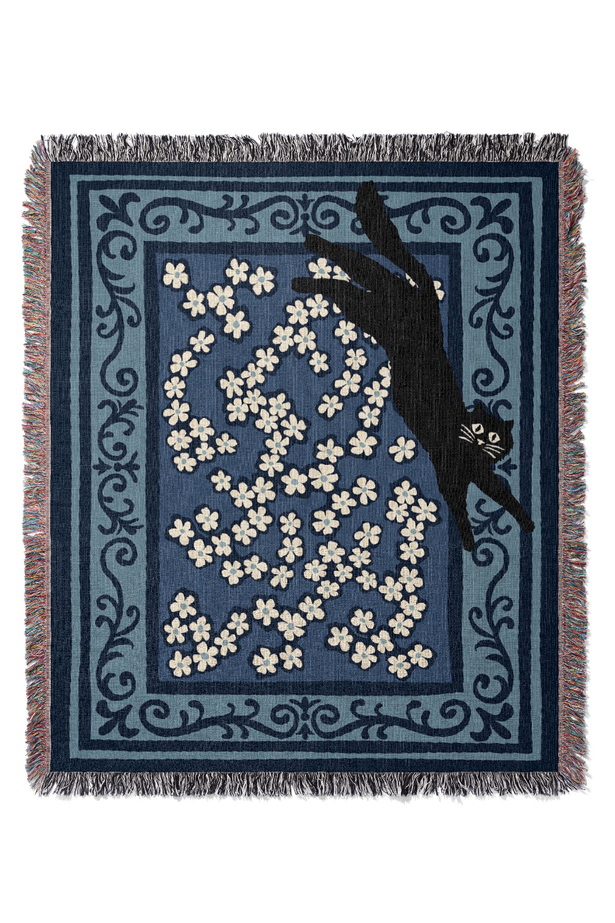 The resting cat jacquard woven throw blanket with a black cat on daisy flowers with an ornate border