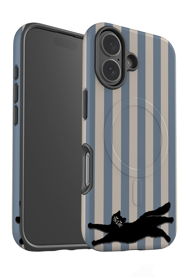 The resting grumpy cat MagSafe phone case angled with a blue and beige stripped pattern and black cat illustration