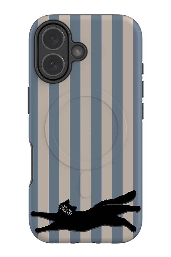 The resting grumpy cat MagSafe phone case with a blue and beige stripped pattern and black cat illustration