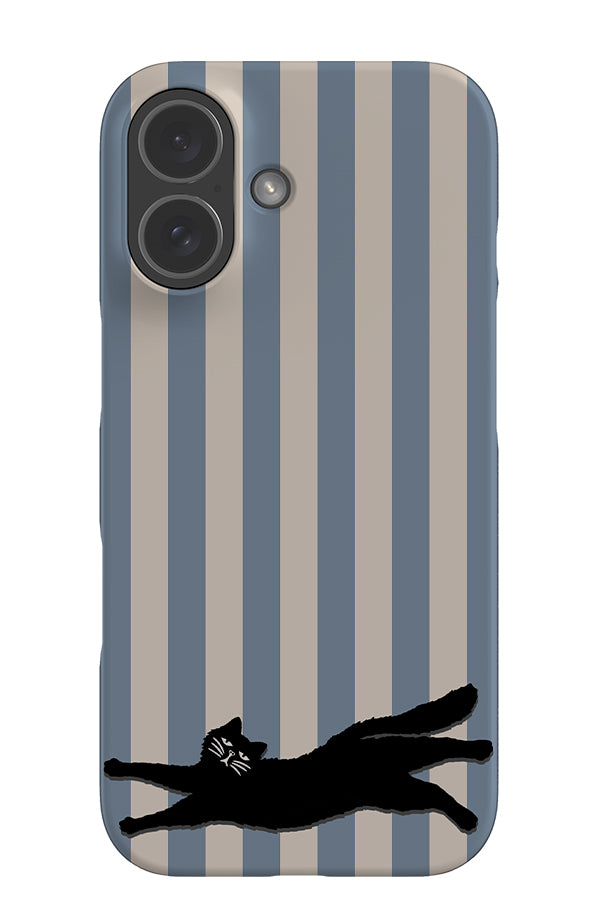 The resting grumpy cat snap phone case with a blue and beige stripped pattern and black cat illustration