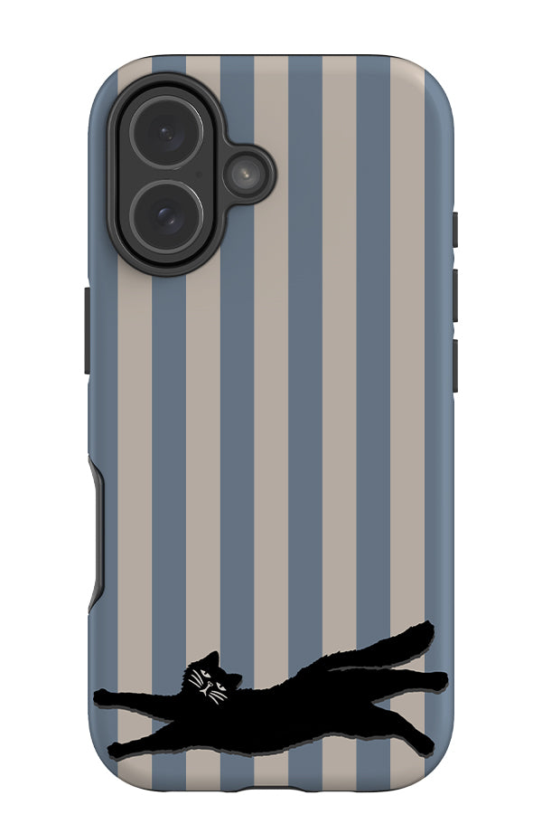 The resting grumpy cat tough phone case with a blue and beige stripped pattern and black cat illustration