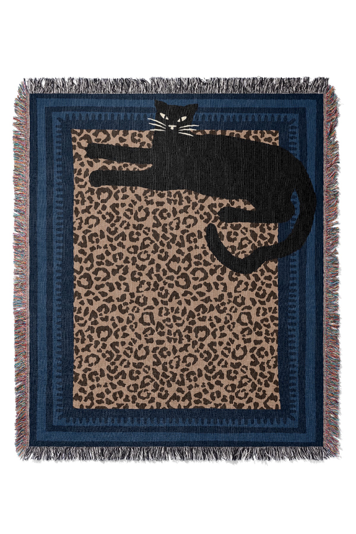 The resting panther jacquard woven throw with a black cat on a brown animal print background and blue border