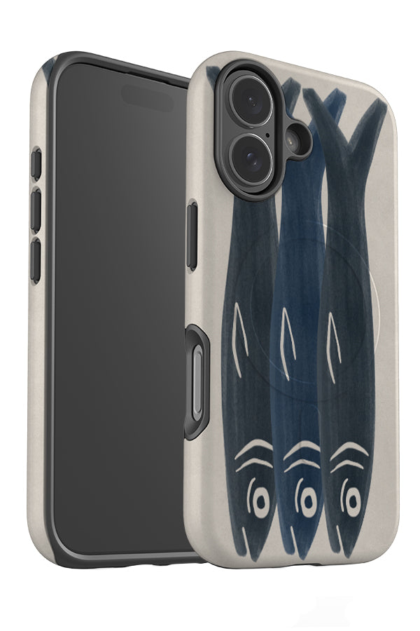 three sardines MagSafe phone case angle view with three large hand drawn sardine illustrations in blue