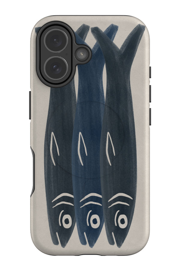 three sardines MagSafe phone case with three large hand drawn sardine illustrations in blue