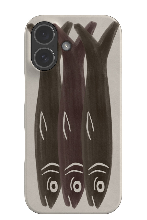 three sardines snap phone case with three large hand drawn sardine illustrations in brown