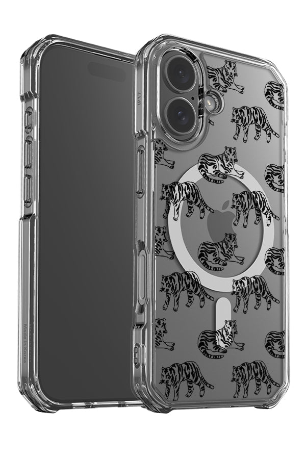 Tiger clear impact MagSafe phone case angle detail with cute, tiger illustrations