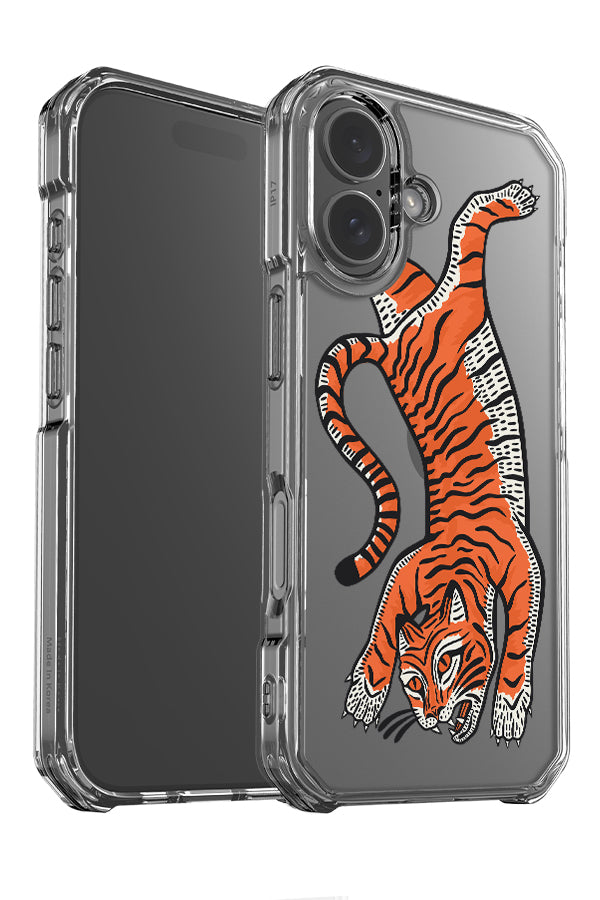 Tiger placement clear impact phone case angle detail with a large orange illustration